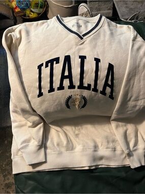 Hollister Men’s V-Neck Sweater in White and Navy with Gold Crest